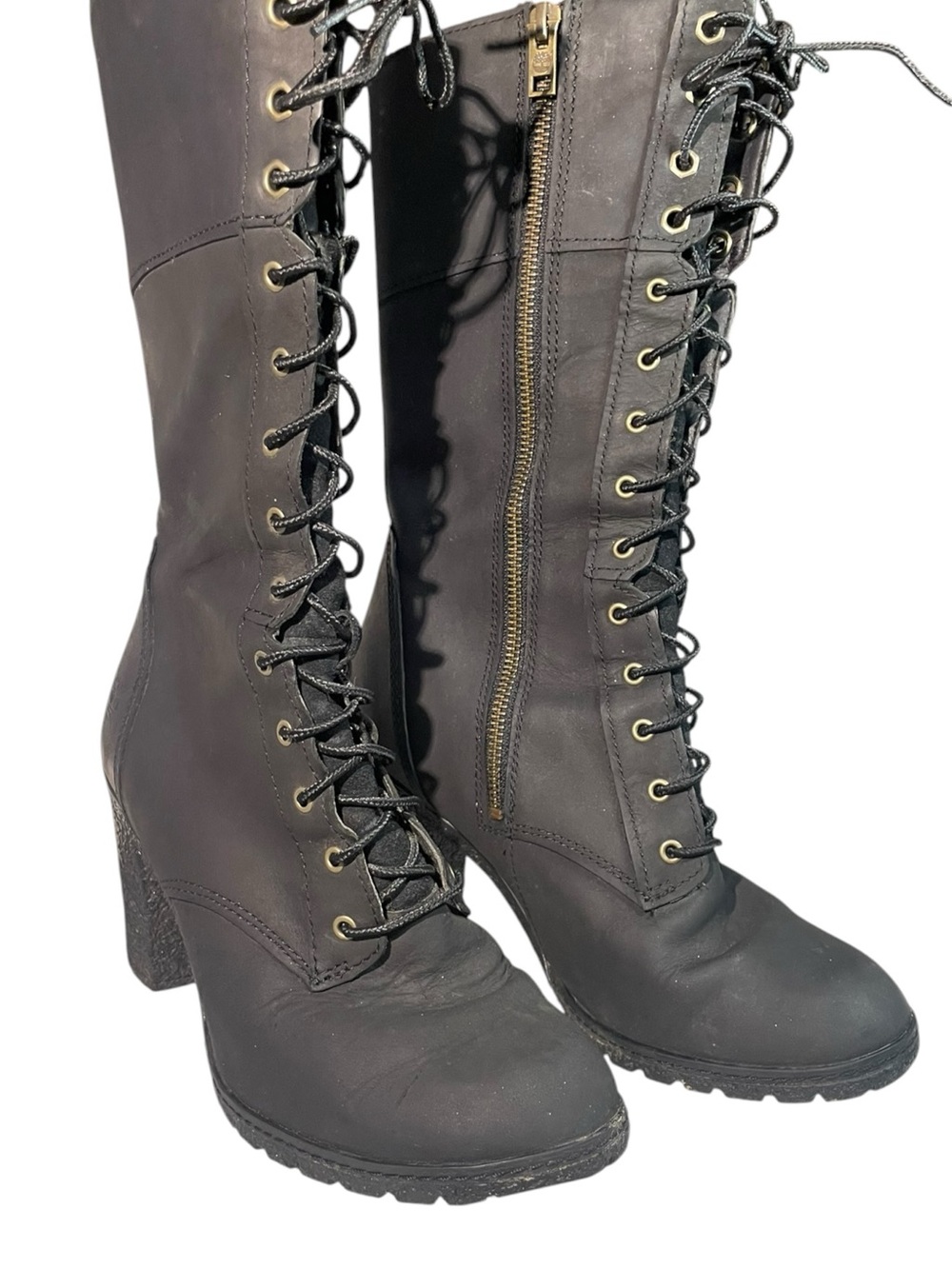 Timberland Glancy 10” Black Matte Leather Lace-Up 3” High Heel Boots Wom. Size 8